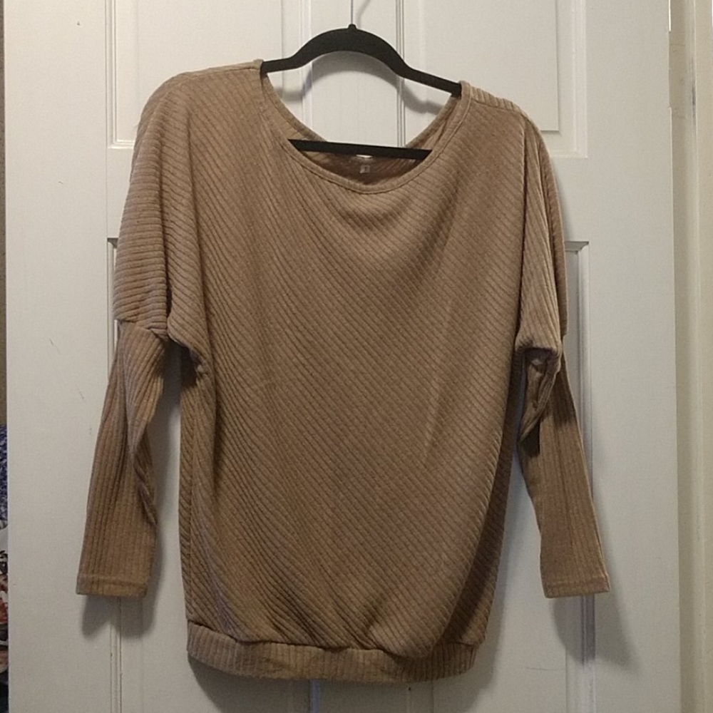 Beige Ribbed Balloon Sleeve Top